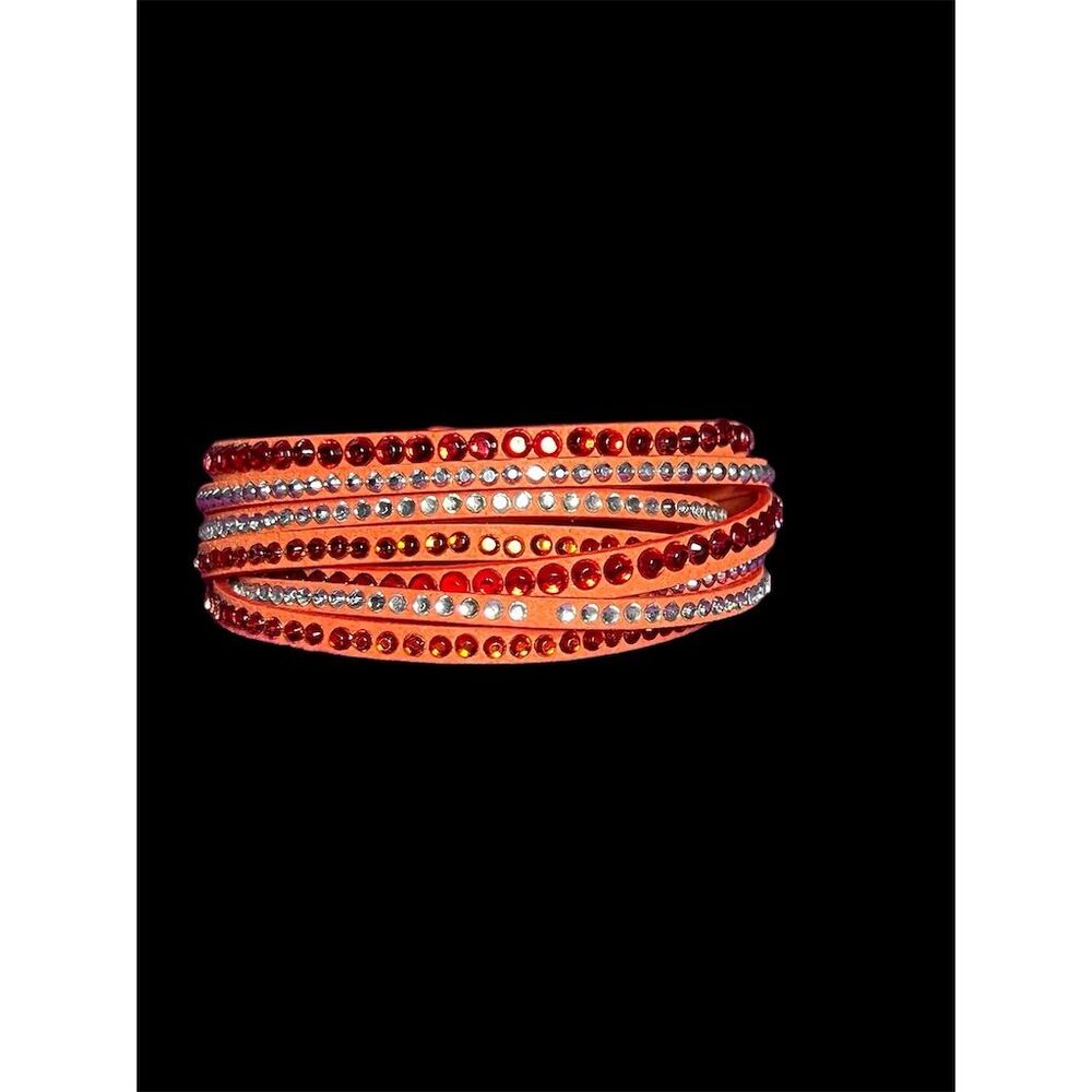 Women's Orange Leather Wrap Bracelet with Rhinestones Adjustable Snap Cl… - Picture 5 of 10